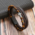 Pulseira Masculina de Couro Trançado com Pedras Olho de Tigre