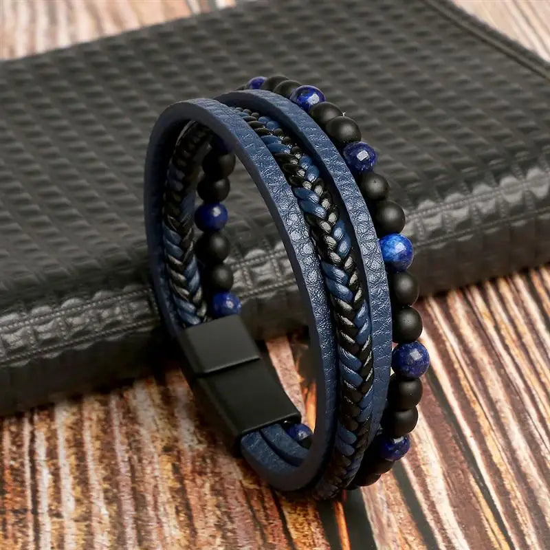 Pulseira Masculina de Couro Trançado com Pedras Olho de Tigre