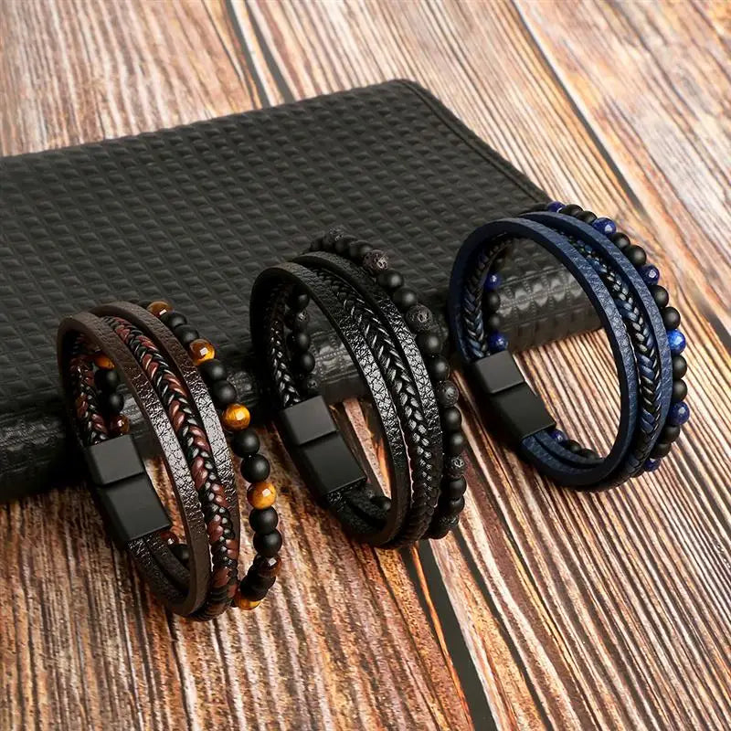 Pulseira Masculina de Couro Trançado com Pedras Olho de Tigre