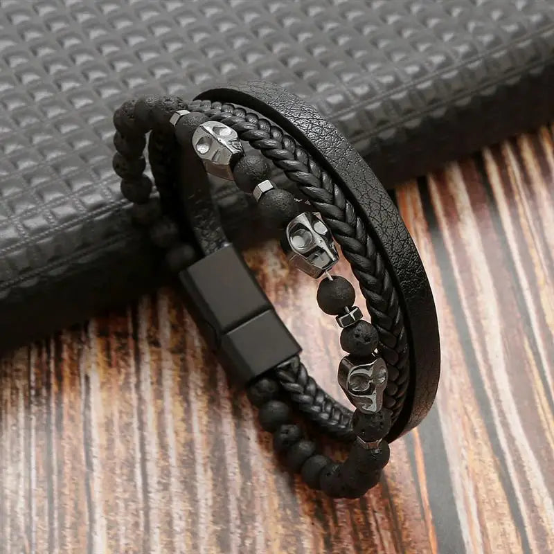 Pulseira Masculina de Couro Trançado com Pedras Olho de Tigre