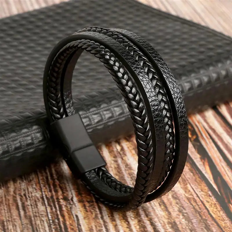 Pulseira Masculina de Couro Trançado com Pedras Olho de Tigre