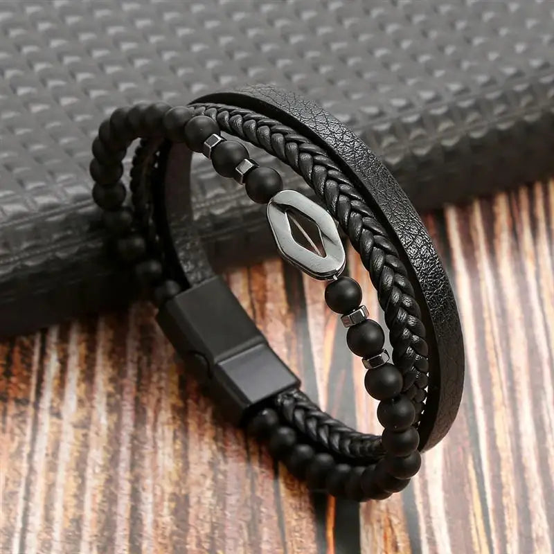 Pulseira Masculina de Couro Trançado com Pedras Olho de Tigre